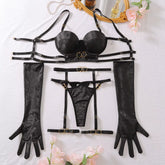 Black Lace Backless Garter Belt Thong Set Transparent Sexy Crocheted Three-Piece Underwear