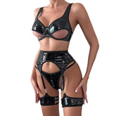 Seksfun 4 Pcs Set Restraint Thong Fetish Black Underwear with Garter Belt Luxury Lacquer Leather Sexy Lingerie Women