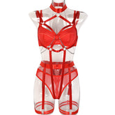Sexy Red Lingerie Set Transparent Hollow Out Bra with Chain Halter Erotic Luxury Nightwear 4Pcs Women Underwear Fashion