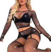 Sexy 2-Piece Conjoined Long-Sleeved Mesh Clothing Hot Drilling Fun Mesh Clothing Full Lingerie