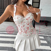 Hot Girl Corset Lace Splicing Flower Fishbone Halterneck Backless Lace-Up Chest Firm