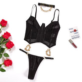 Three Pieces Set Lace Metal Chain Splicing Sexy Lingerie Necklace+Shaping Corset Sheer Lacing Top and Panties