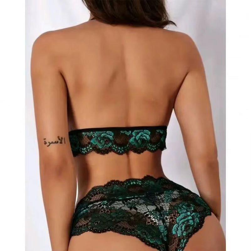 Sexy Two-Piece Set Three-Point Large Chest Underwear with Garter Bras Hollow Out Thin Fabric Packaged Bag