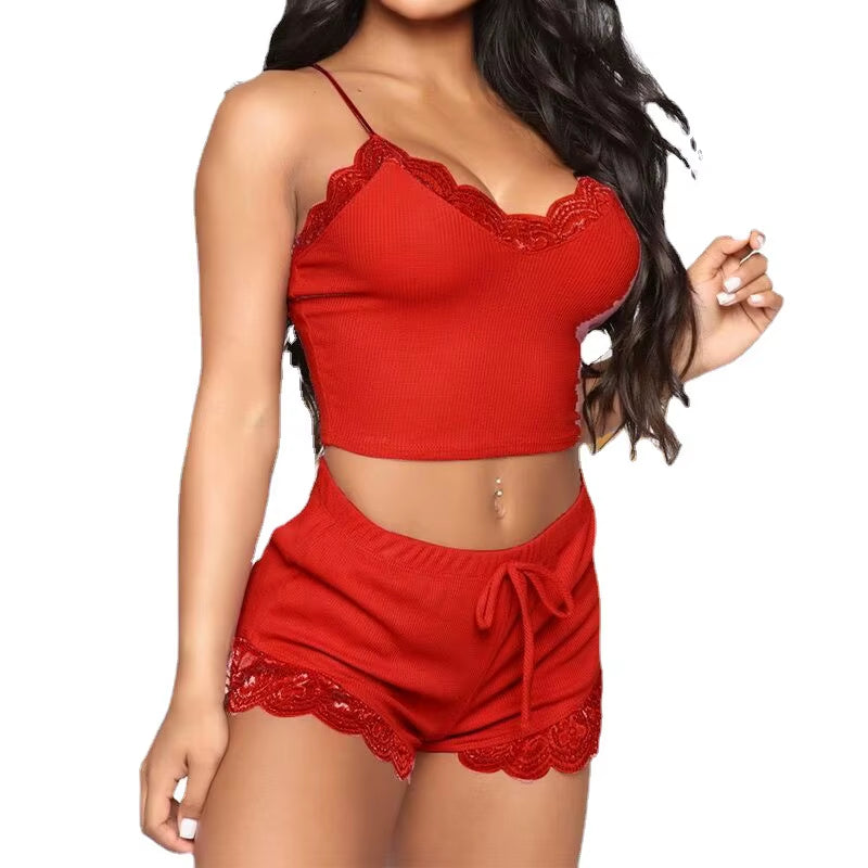 Elegant 2-Piece Lace Bra and Panty Set with Striped Design - Casual Short Pajama Set for Young Women