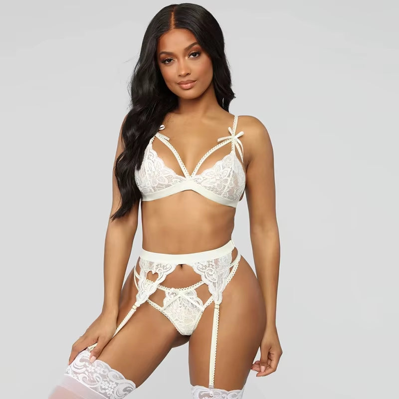 Women Lace Bow Cross Erotic Underwear Matching Skintight Set Sexy Girls Thongs Garters Sets