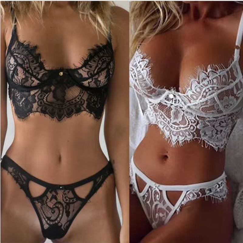 Elegant Lace Embroidered Floral Lingerie Set for Women - Transparent Exotic Underwear