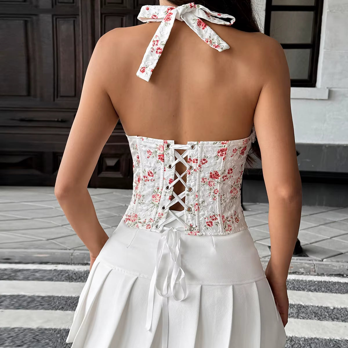 Hot Girl Corset Lace Splicing Flower Fishbone Halterneck Backless Lace-Up Chest Firm