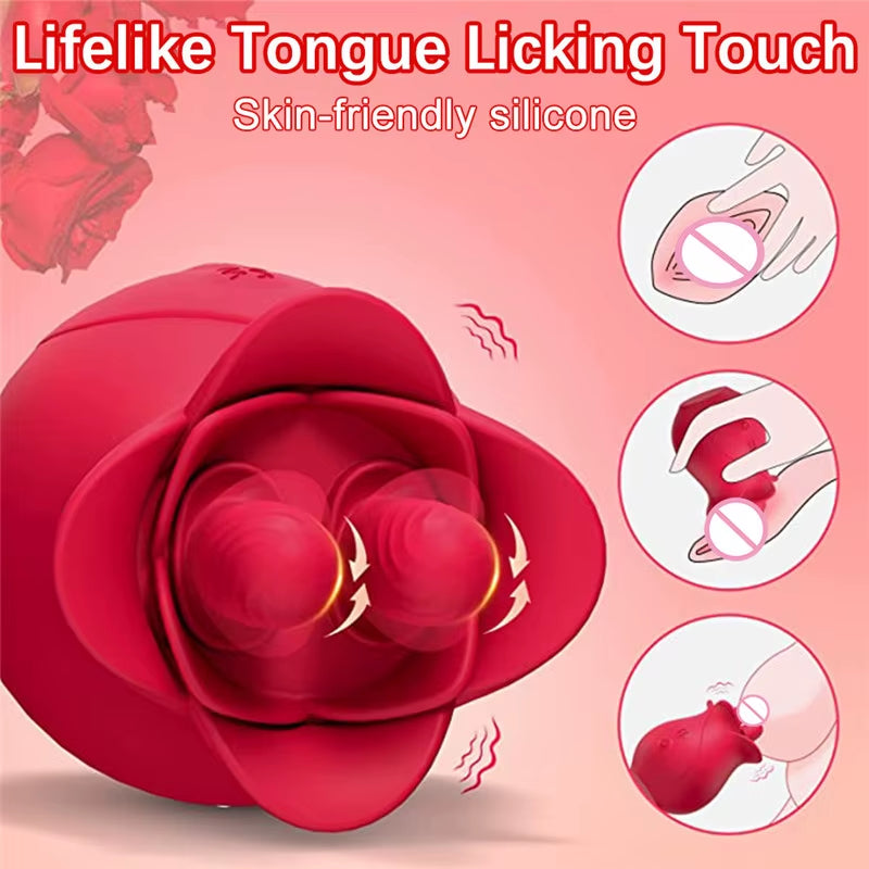 Red Flower Petal Shaped Womens Massage Clitoral Double Tongue Rose Vibrator