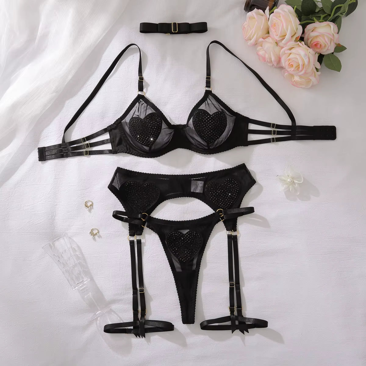 Women'S New Mesh Design Five-Piece Shaping Underwear Sexy Three-Point Lace Decorated Bra Suit Fashionable Style Fabric Pattern