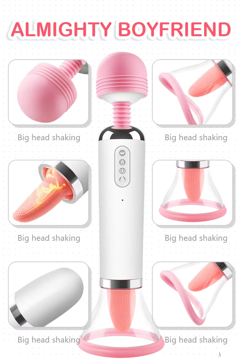 Rechargeable Big Head Fairy Wand Body Massager Heating G Spot Clitoris Stimulator Tongue Licking Sucking Vibrator for Woman