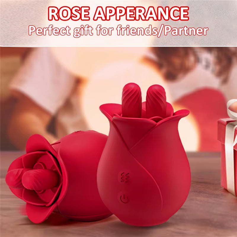 Red Flower Petal Shaped Womens Massage Clitoral Double Tongue Rose Vibrator