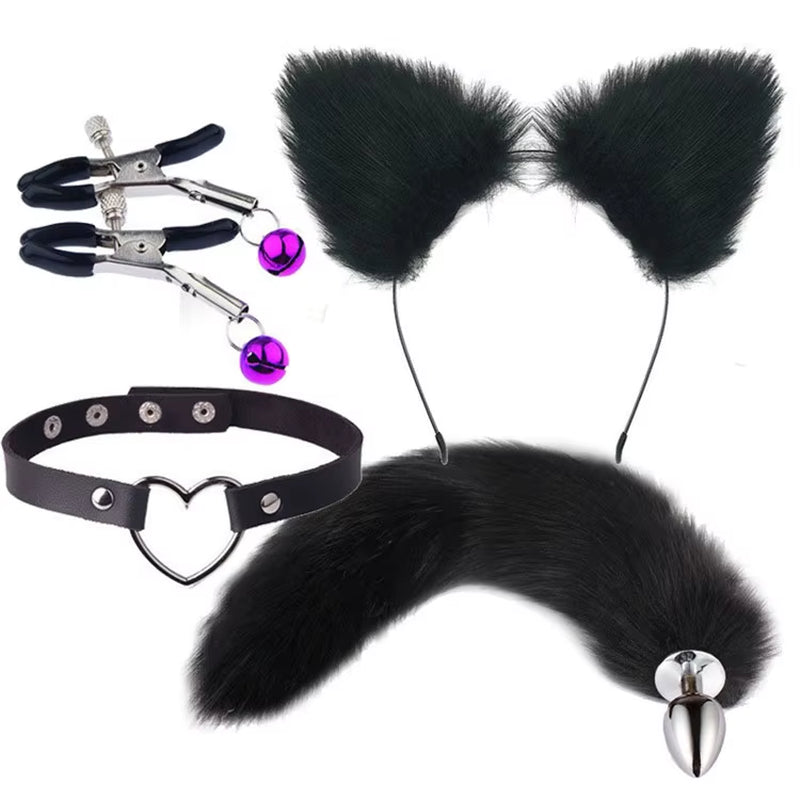 Nipple Clamp Ear Set Cosplay Kit Purple Red Furry Sexy Bdsm Sets with Anal Fox Tail Butt Plug for Women