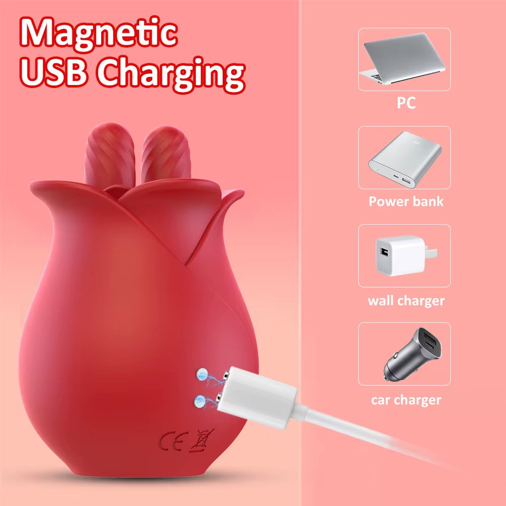 Red Flower Petal Shaped Womens Massage Clitoral Double Tongue Rose Vibrator