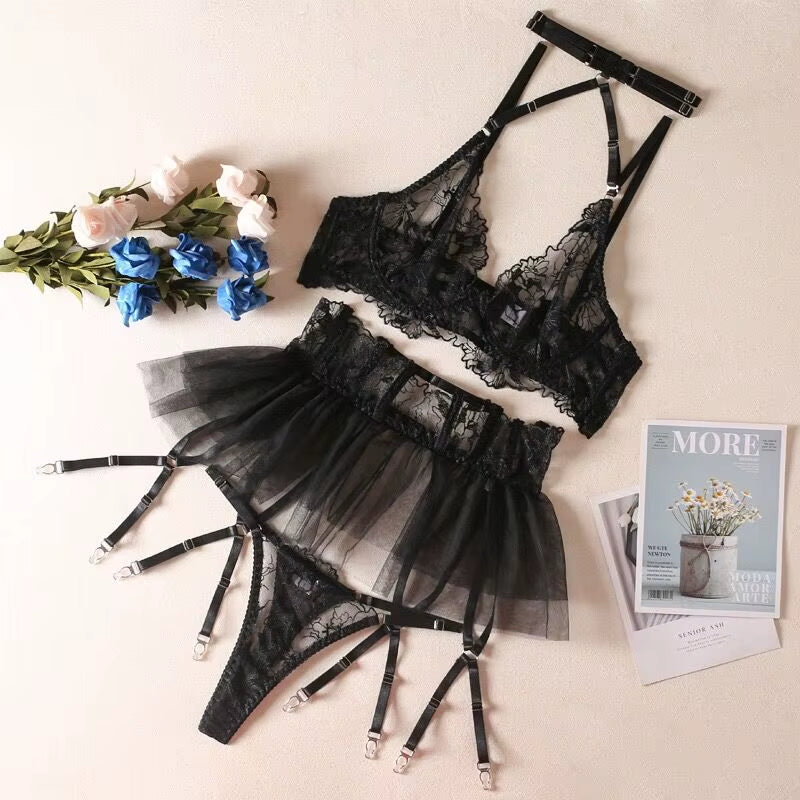 Factory Outlet Mesh Sheer Valentines Lingerie Sexy Embroidered Sexy Skirt Lingerie Women High Quality Ladies Sexy Underwear Sets