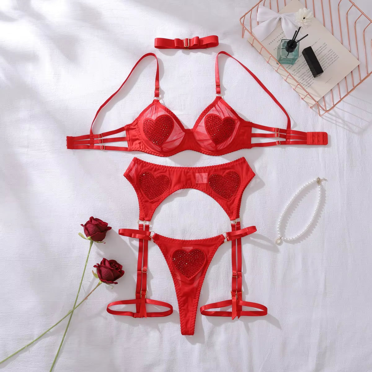 Women'S New Mesh Design Five-Piece Shaping Underwear Sexy Three-Point Lace Decorated Bra Suit Fashionable Style Fabric Pattern