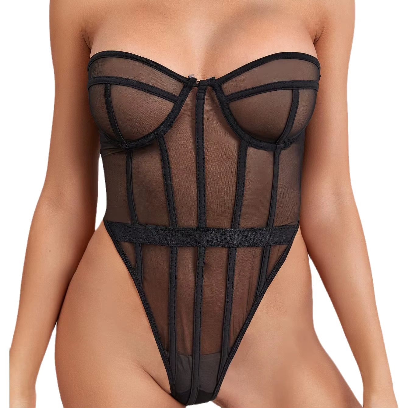 Elegant Transparent Mesh Lace Garter Bodysuit for Women - High-Quality Lingerie for All Ages