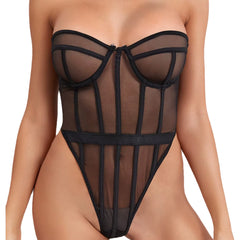 Elegant Transparent Mesh Lace Garter Bodysuit for Women - High-Quality Lingerie for All Ages