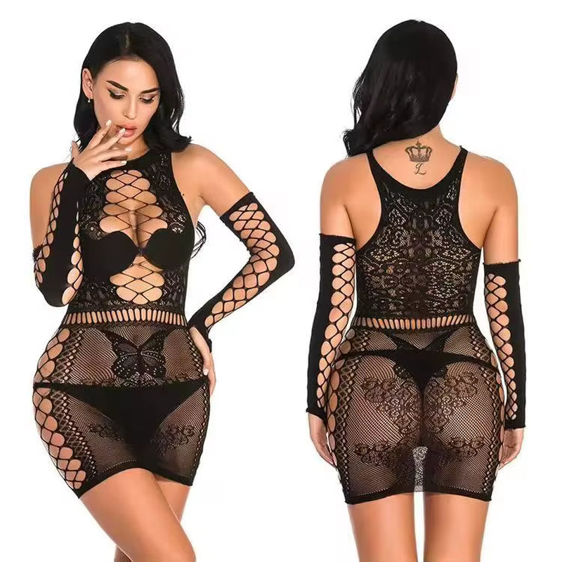 Wholesale Women's Black Transparent Lace Sheer Lingerie with Hollow Out Design