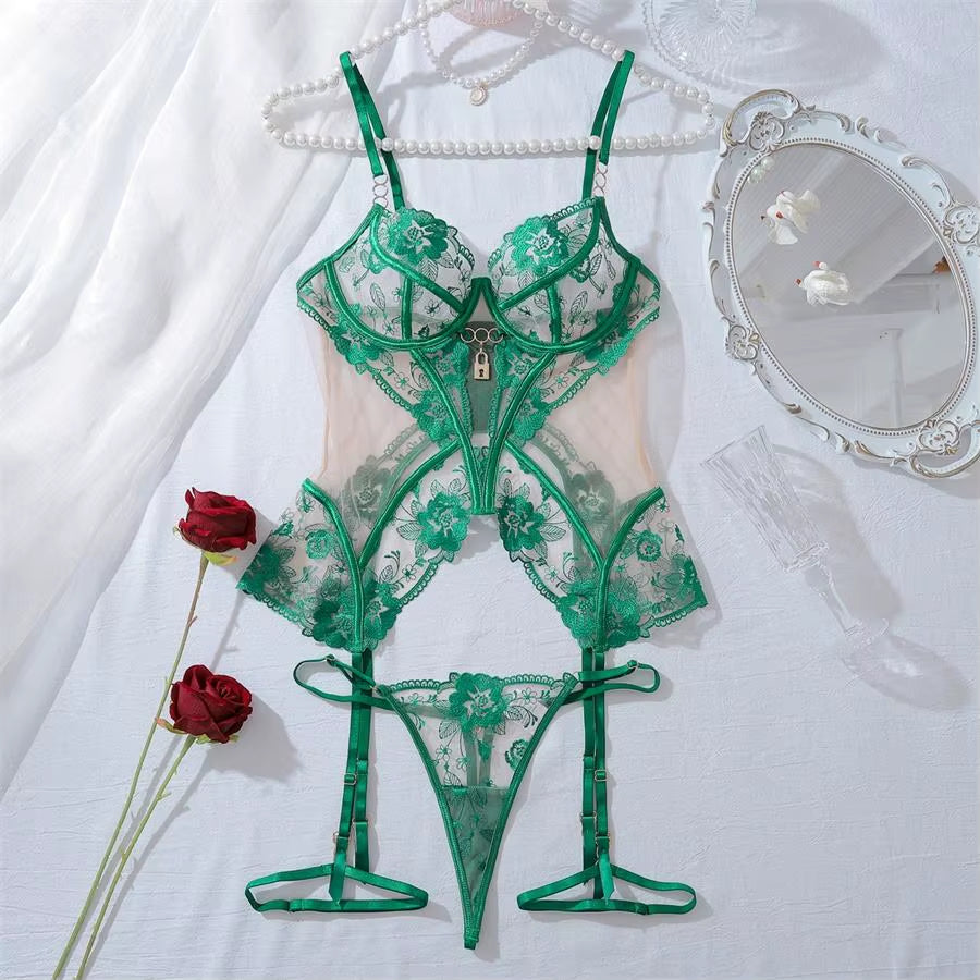 High Quality Corset Luxury Women Sexy Intimates Black Underwear Three-Piece Set Embroidery Transparent Red Lingerie