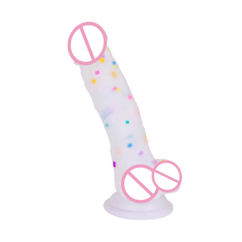 Realistic 7 Inch Clear Dildo with Suction Cup and Balls Masturbation Sex Toy Jelly Rainbow Transparent Dildo for Women