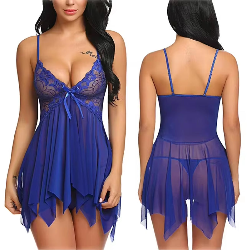 Sexy Erotic Lingerie Front Closure Babydoll Nightdress Thong Set Attractive Sleepwear Night Dress Robe Sexy Lingerie for Women