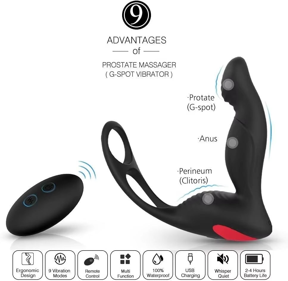 Silicone Prostate Stimulator with Ring Plug 9 Vibration Modes and Remote Control Vibrators for Massages