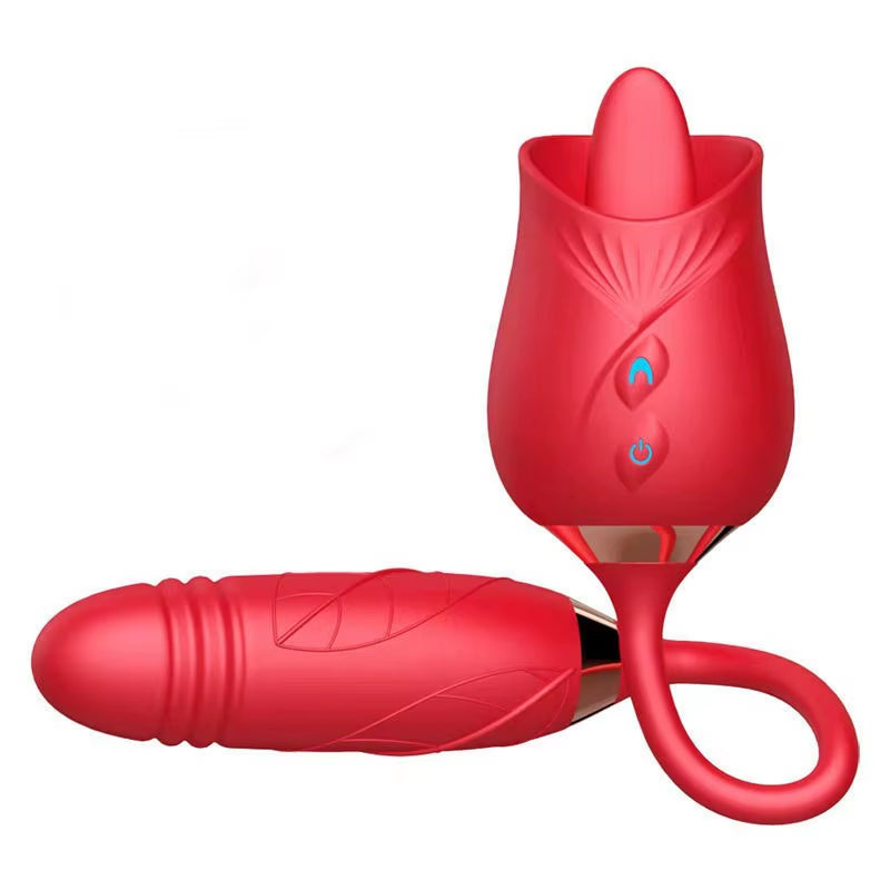 Rose Toy with Thrusting Dildo Clit Sucking Flower Rose Shape Tongue Rose with Extension Silicone Dildo Vibrator Sex Toy