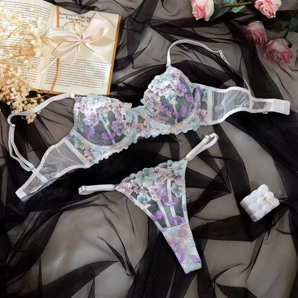 Wholesale Women's Embroidered Lingerie Set with Mesh Bra and Underwear featuring Steel Ring Details