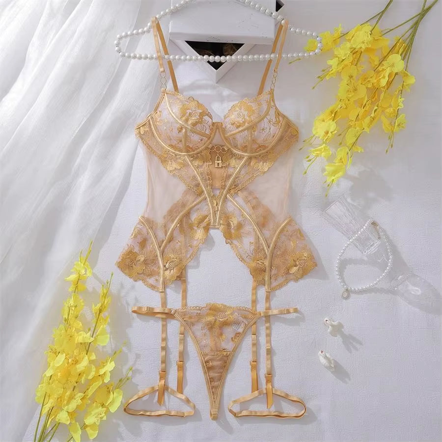 High Quality Corset Luxury Women Sexy Intimates Black Underwear Three-Piece Set Embroidery Transparent Red Lingerie