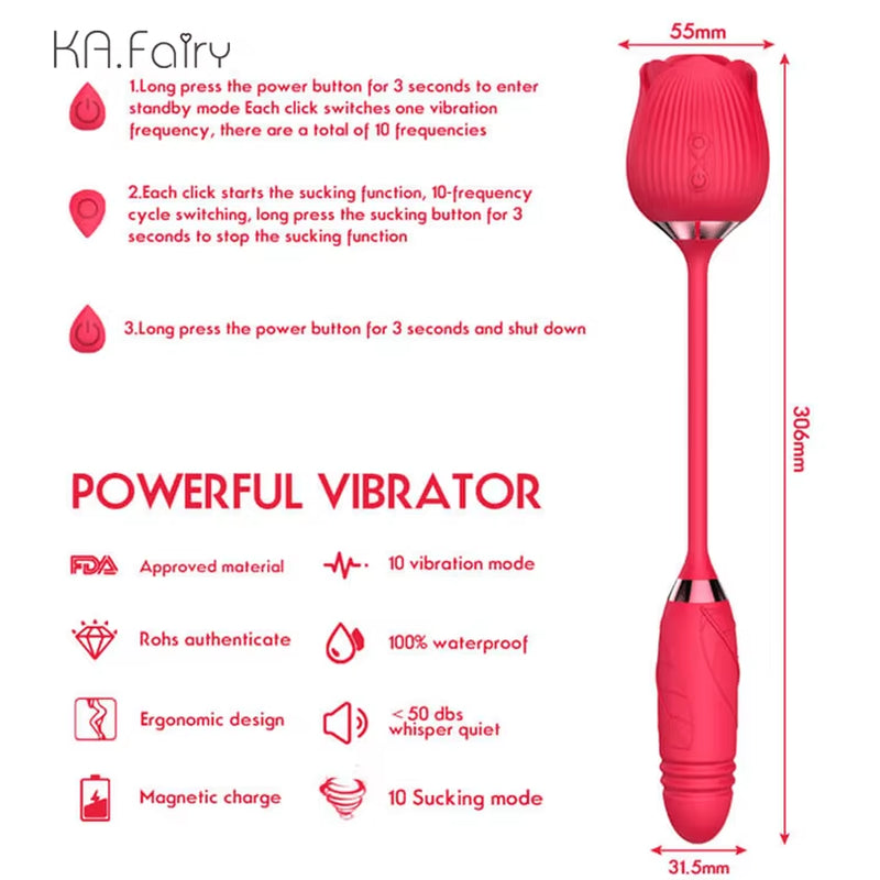 Rose Toy with Thrusting Dildo Clit Sucking Flower Rose Shape Tongue Rose with Extension Silicone Dildo Vibrator Sex Toy