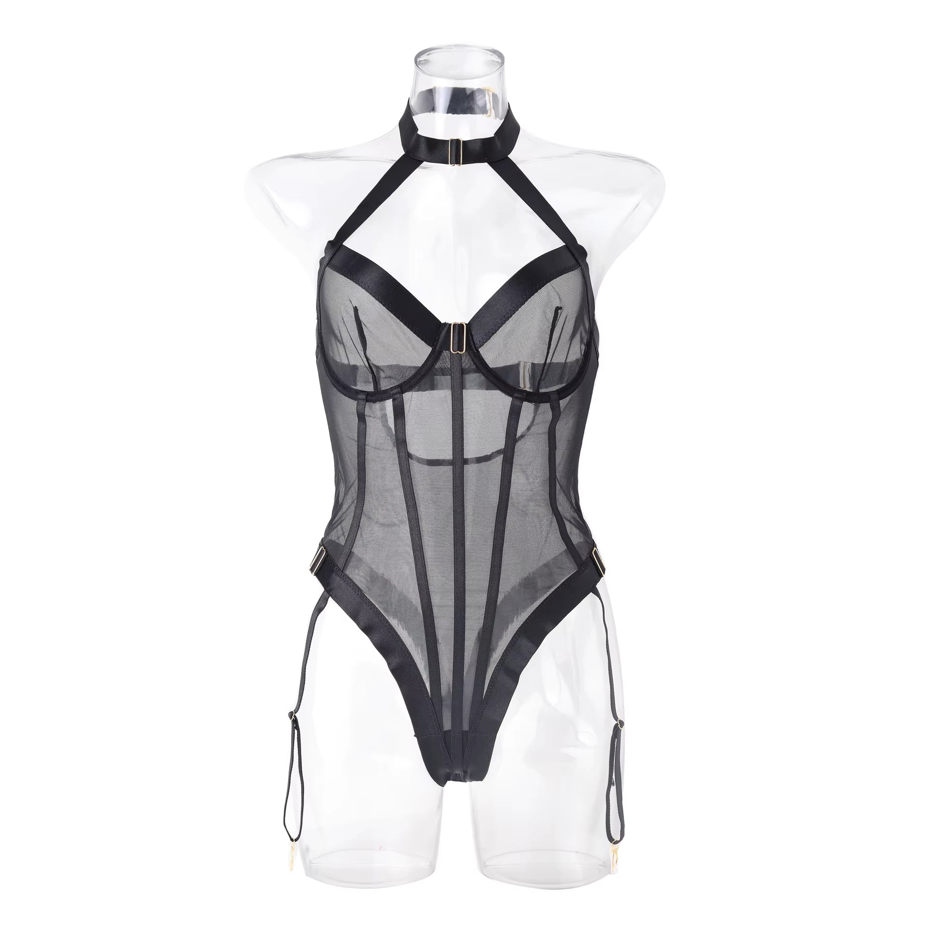 Elegant Women's Lace Lingerie Set with Mesh Nighty and Garter for Special Occasions