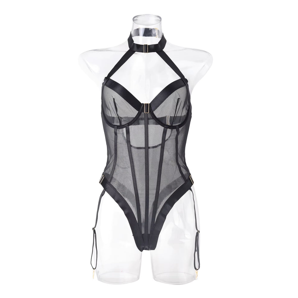 Elegant Women's Lace Lingerie Set with Mesh Nighty and Garter for Special Occasions