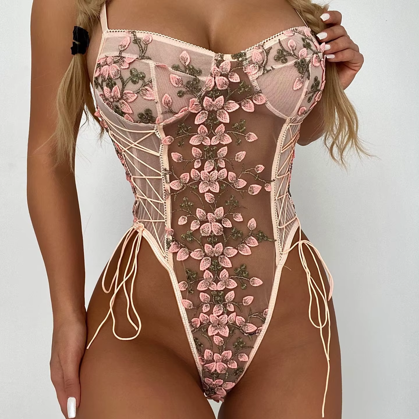 Sexy Underwear Tight Bondage Pink Petal Mesh Sheer Lace Sexy Lingerie One Piece Open Bodysuit Corset Top