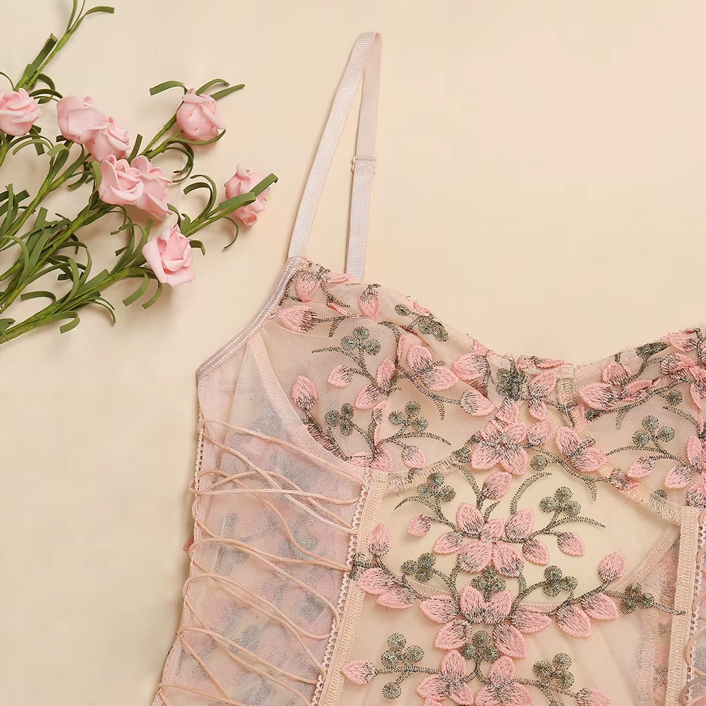 Sexy Underwear Tight Bondage Pink Petal Mesh Sheer Lace Sexy Lingerie One Piece Open Bodysuit Corset Top