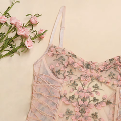 Sexy Underwear Tight Bondage Pink Petal Mesh Sheer Lace Sexy Lingerie One Piece Open Bodysuit Corset Top