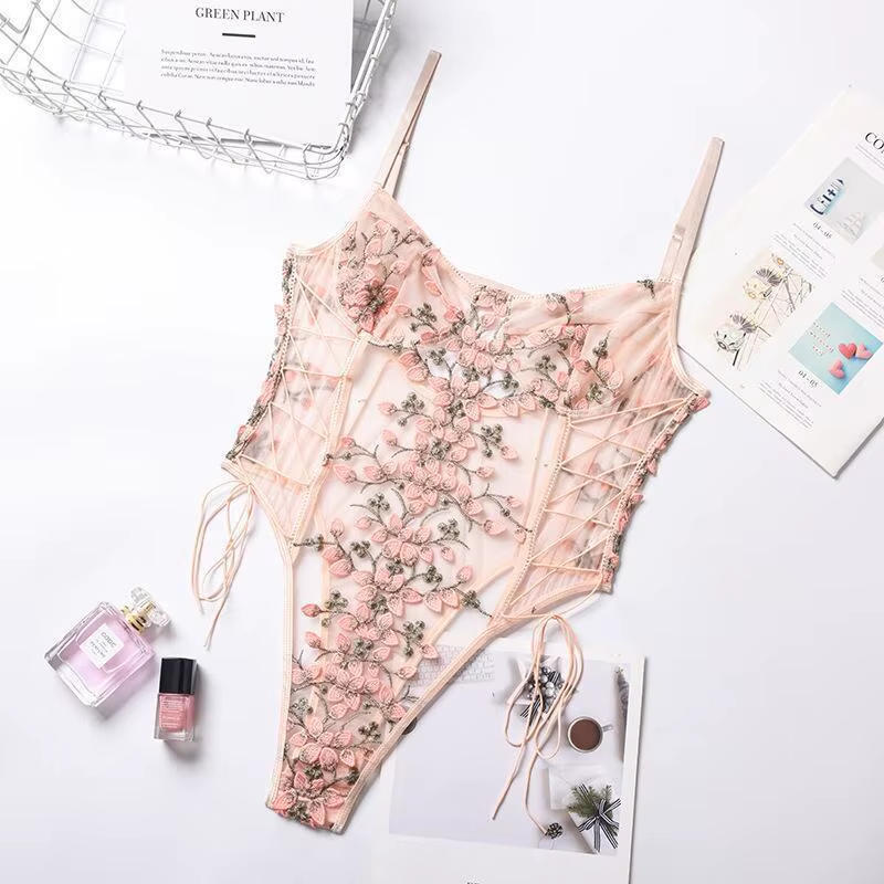 Sexy Underwear Tight Bondage Pink Petal Mesh Sheer Lace Sexy Lingerie One Piece Open Bodysuit Corset Top
