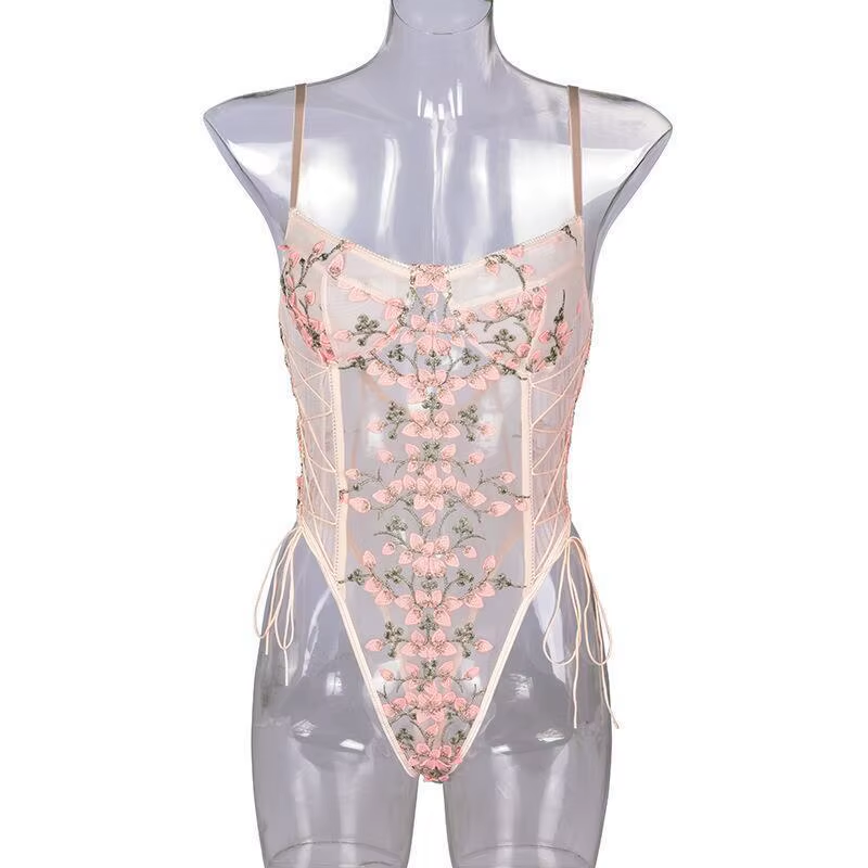 Sexy Underwear Tight Bondage Pink Petal Mesh Sheer Lace Sexy Lingerie One Piece Open Bodysuit Corset Top