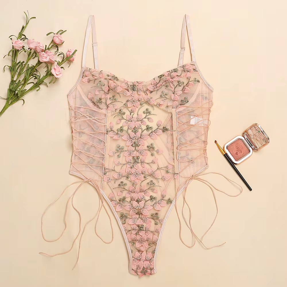 Sexy Underwear Tight Bondage Pink Petal Mesh Sheer Lace Sexy Lingerie One Piece Open Bodysuit Corset Top