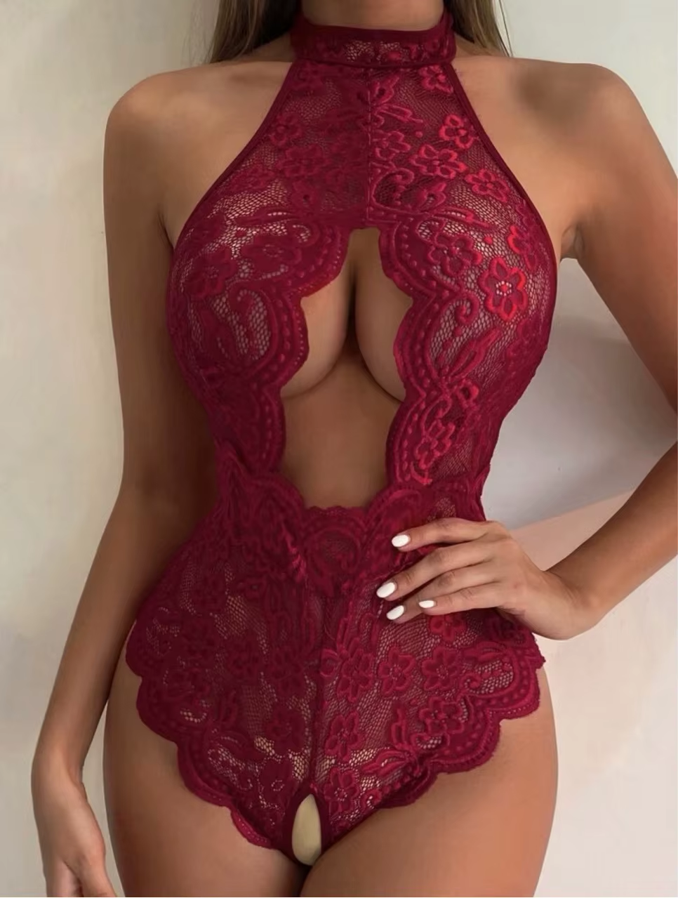 Elegant Women's Crotchless Lace Bodysuit with Embroidery - Sexy Lingerie Set