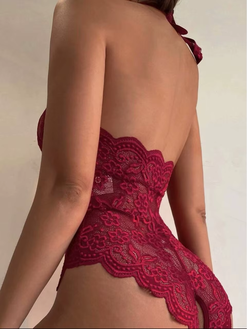 Elegant Women's Crotchless Lace Bodysuit with Embroidery - Sexy Lingerie Set