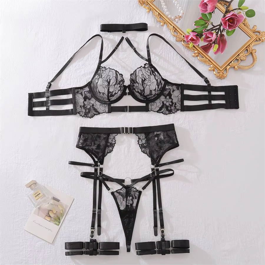 Lady Embroidery Temptation Gathering Intimates Embroidery Sexy White Underwear Transparent Black Mature Lingerie