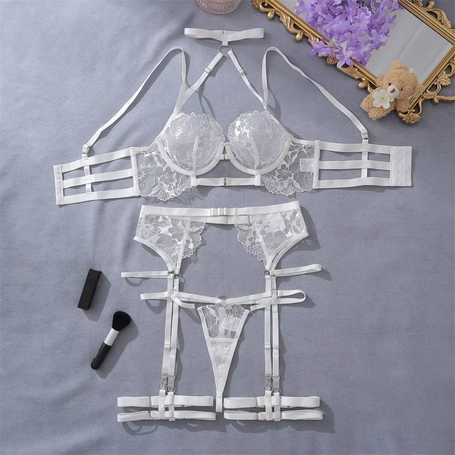 Lady Embroidery Temptation Gathering Intimates Embroidery Sexy White Underwear Transparent Black Mature Lingerie