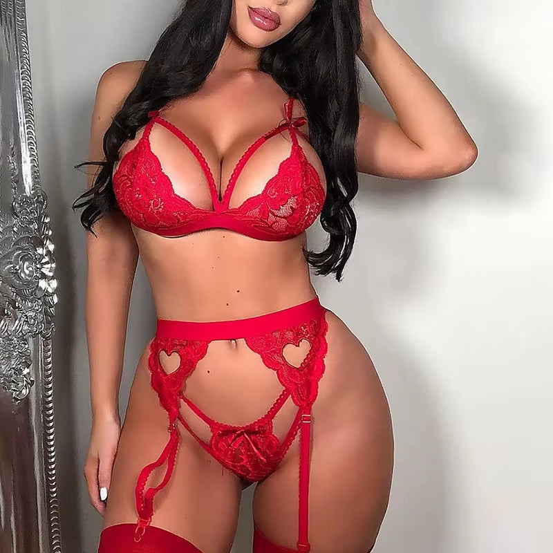 Women Lace Bow Cross Erotic Underwear Matching Skintight Set Sexy Girls Thongs Garters Sets