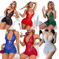Elegant Plus Size Deep V-Neck Bodysuit with Ruffles and Lace for Women - Sensual Fashion Show Lingerie