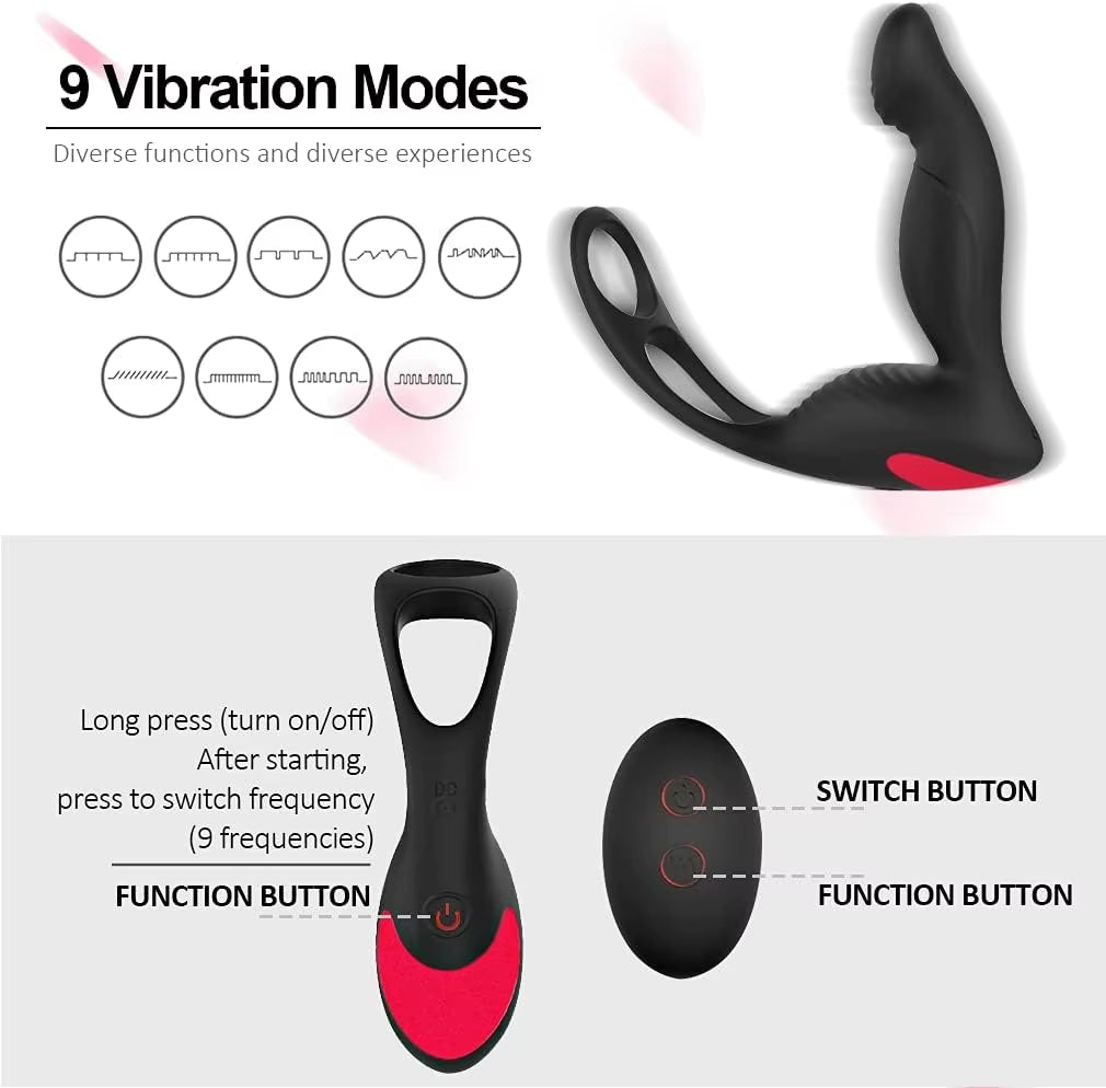 Silicone Prostate Stimulator with Ring Plug 9 Vibration Modes and Remote Control Vibrators for Massages