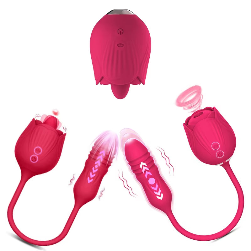 Rose Vibrator for Women and Dildo Rose Licking Dildo Thrusting Nipple Clitoral Vibrating Egg Tongue Lick Clitoris Sucker Sex Toy