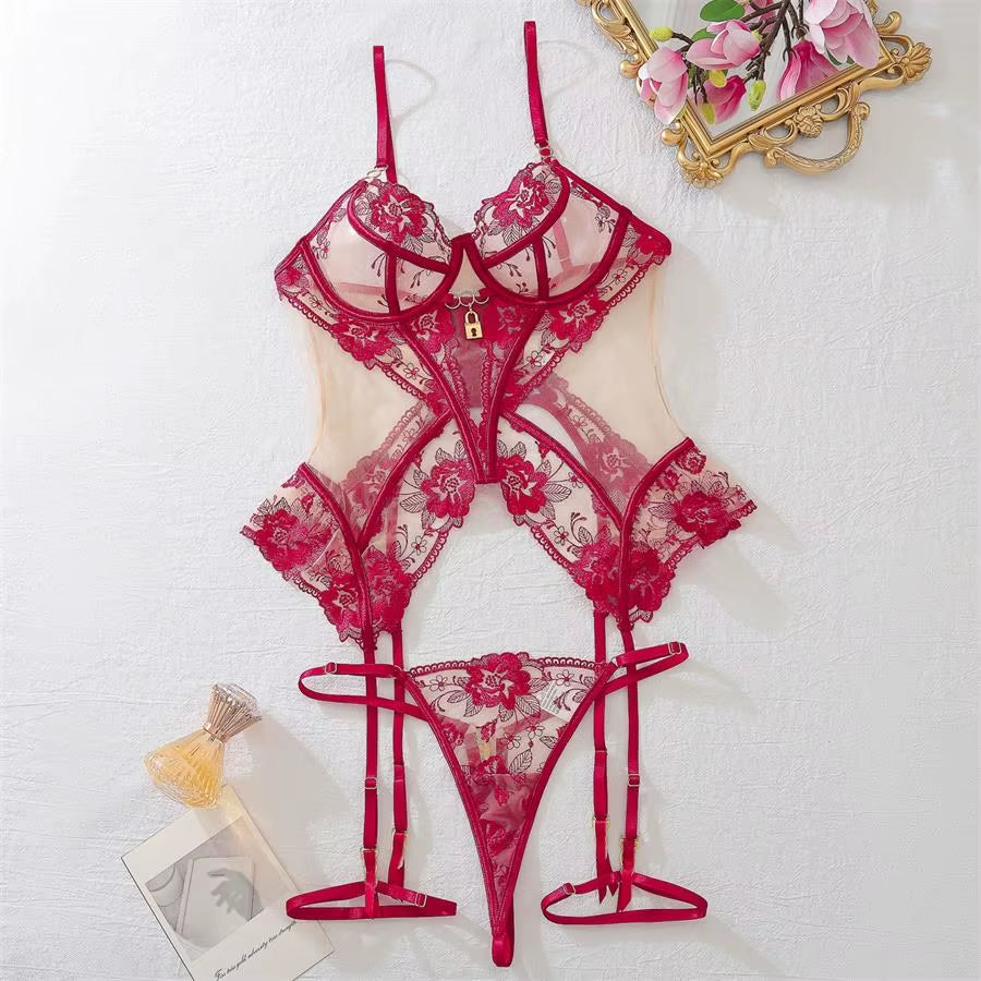 High Quality Corset Luxury Women Sexy Intimates Black Underwear Three-Piece Set Embroidery Transparent Red Lingerie