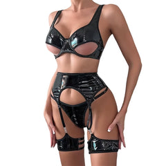 Seksfun 4 Pcs Set Restraint Thong Fetish Black Underwear with Garter Belt Luxury Lacquer Leather Sexy Lingerie Women