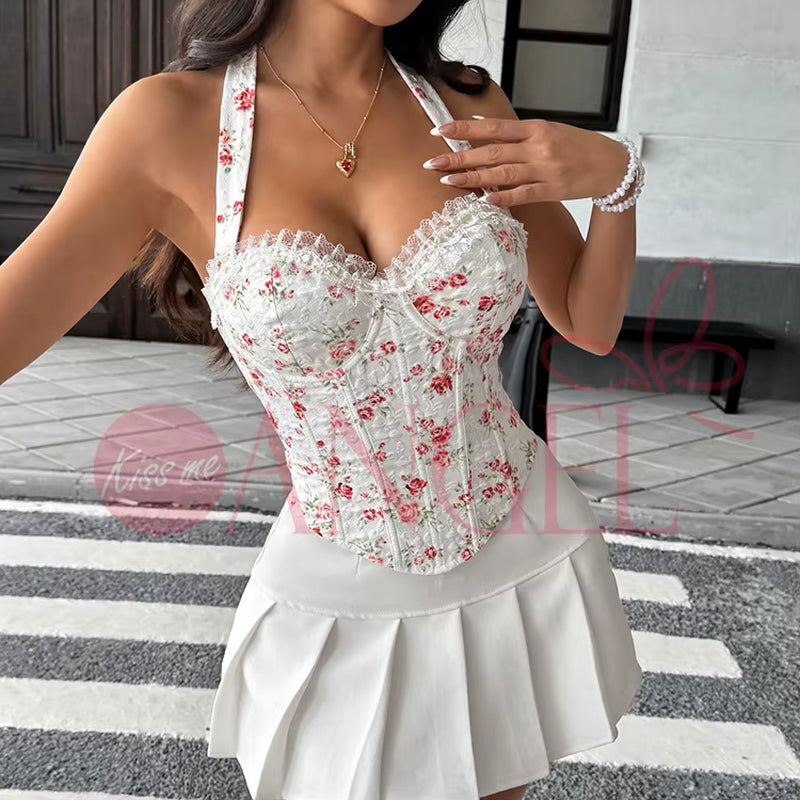 Hot Girl Corset Lace Splicing Flower Fishbone Halterneck Backless Lace-Up Chest Firm