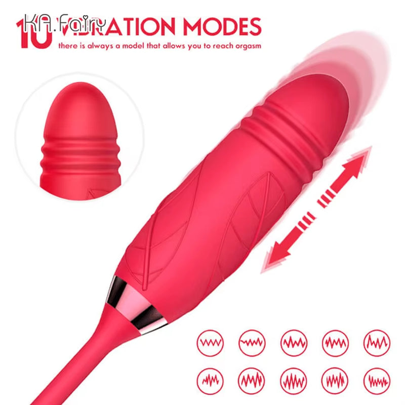Rose Toy with Thrusting Dildo Clit Sucking Flower Rose Shape Tongue Rose with Extension Silicone Dildo Vibrator Sex Toy